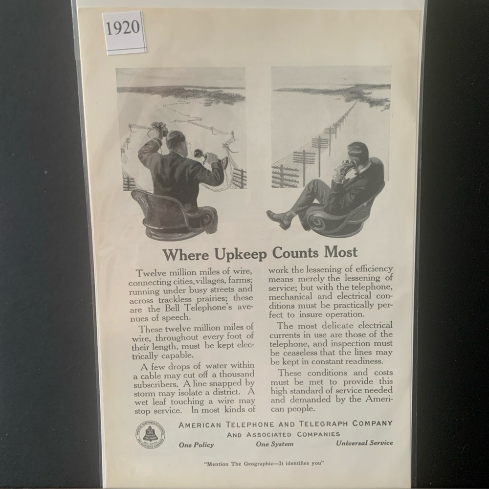 Vintage 1920 American Telephone & Telegraph Upkeep Counts Most Ad Advertisement